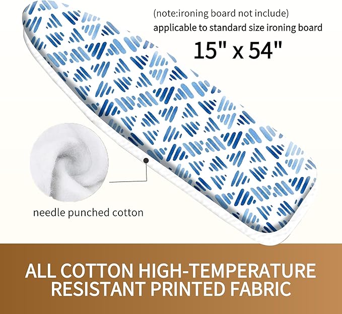 Bumkimue Ironing Board Cover and Pad, Standard Size 15x54 Inches, Blue Floral Pattern, Heavy Duty Padded, Elastic Edge, Scorch Resistant (Blue Print on White Background)