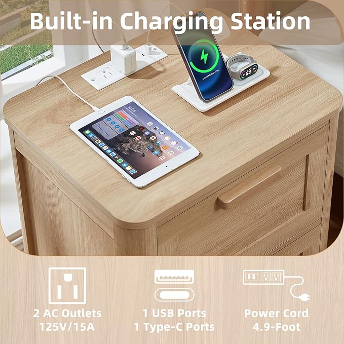Joaxswe Farmhouse Nightstand Set of 2 with Charging Station, End Tables Bedroom with 2 Large Drawers & 4 Thickened Table Legs, Natural Wood