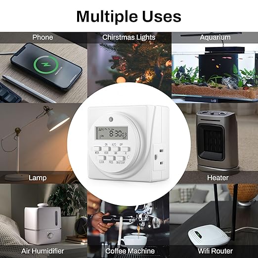 BN-LINK Indoor Digital Timer Outlet, Dual Outlet 7 Day Programmable Light Switch, 3 Prong Plug in Timers for Electrical Outlets, Lamps, Fans, 8 On/Off Programs, 1 Pack, 15A/1875W, ETL Listed