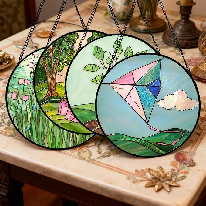 AMDERVEN Stained Glass Window Hanging 4 Pcs Set Pink Green Spring Saplings Flowers 9.8" - Suncatcher Door Garden Sun Catcher Home Decor Mother's Day for Woman Nana Mom Men