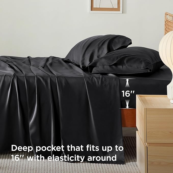 Bedsure Cooling Sheets Twin XL, Rayon Derived from Bamboo, Breathable & Soft Twin XL Sheet Sets, Deep Pocket Up to 16 Inches, Hotel Luxury Silky Dorm Bedding for Hot Sleepers, Black