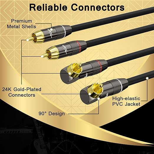 RCA Cable 50 FT, 90 Degree Right Angle 2RCA to 2RCA Stereo Audio Cable, Zinc Alloy Shell, Gold-Plated Plug, 2 RCA Audio Cord, for Home Theater, Subwoofer, HDTV, Amplifier, Hi-Fi System, Car, Speaker