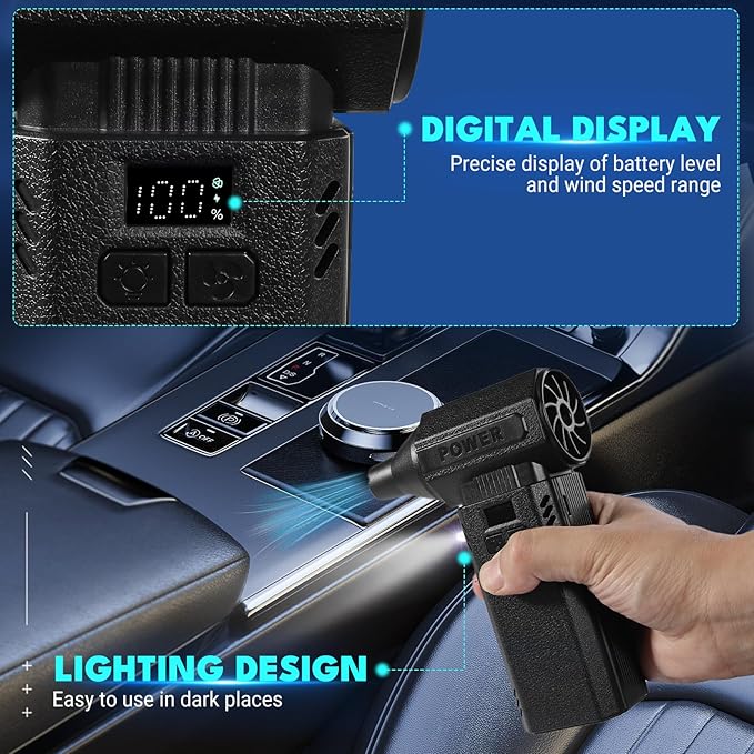 Newdehanm Violent Turbo Fan,Electric Compressed Air Duster & Vacuum Cleaner, Portable Rechargeable Cordless Handheld Air Blower with LED Light & Power Bank for PC, Outdoor, House, Car,20000mAh