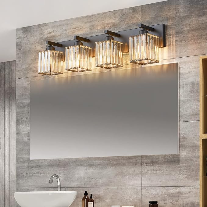 FDPBY Modern Bathroom Vanity Light 4-Lights Modern Black Crystal Wall Light Bathroom Vanity Light Fixtures