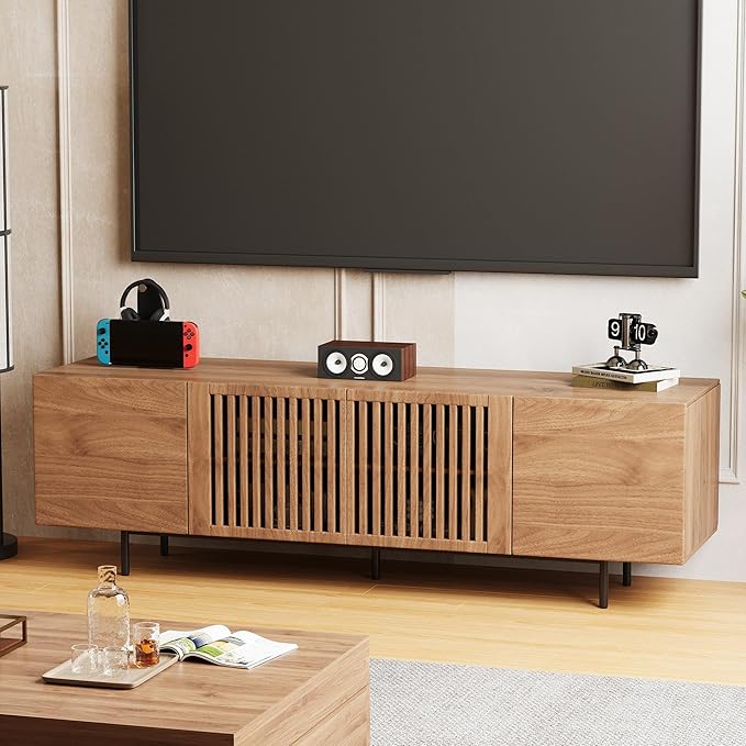gaoyangjiaju 70.87" Mid Century Modern TV Stand, Walnut Media Console for 70 Inch TVs, Entertainment Cabinet with 4 Storage Compartments for Living Room or Bedroom