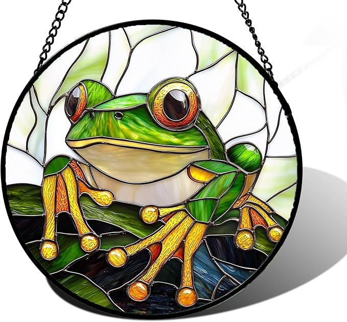 DASTOLL Stained Glass Window Hanging, Green Frog White Petals Sun Catchers Colorful Glass Panel Cute Suncatcher Decor for Birthday for Women, Men, Wife, Aunt, and Mom 6.3 in