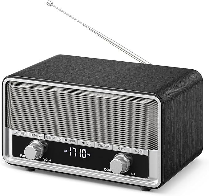 Vintage Wood AM FM Clock Radio with Bluetooth, Digital Clock Radio for Bedroom with LCD Display | 40 Presets | Sleep Timer | No Alarm, Retro Bluetooth Speaker for Office,Home, Kitchen (Black)