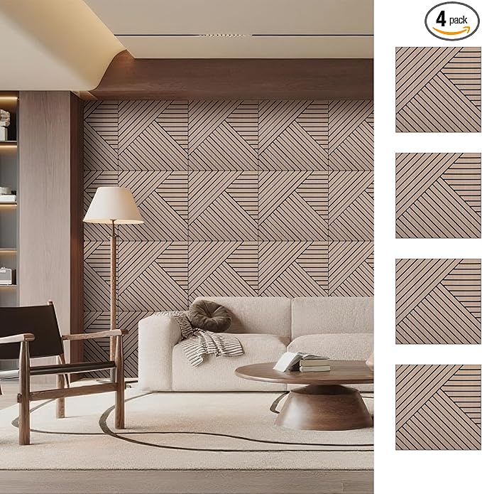 ARMURO 4 Packs Acoustic Wall Panels - Self-Adhesive 3D Wood Slat Wall Panel- Peel and Stick Sound Absorbing Panels for Noise Reducing - Feature Wall Decor for Home & Office
