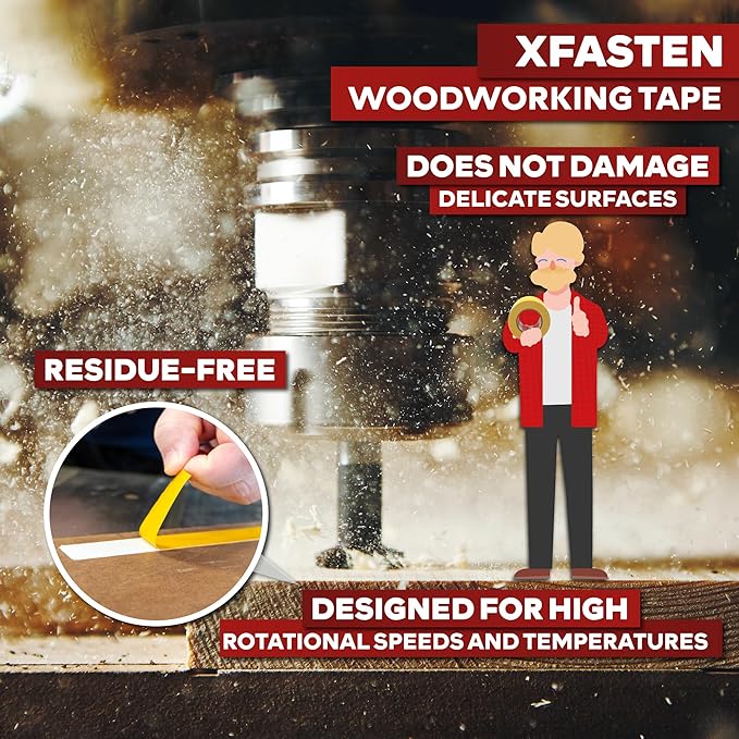 XFasten Double Sided Woodworking Tape 4 Inches x 90 Feet, Residue-Free and Removable Double Sided Wood Mounting Boards, Masking Tape for Wood Template, MDF, Metal, Edge Banding, Routing, Anchoring
