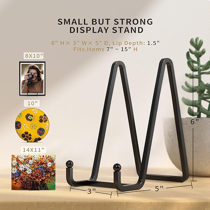 IPAME 4 Pack Plate Stands for Display - 6 Inch Metal Square Wire Plate Holder Display Stand + Picture Frame Stand Holder Easel for Book, Decorative Plate, Plaque, Photo, Platter (Black)