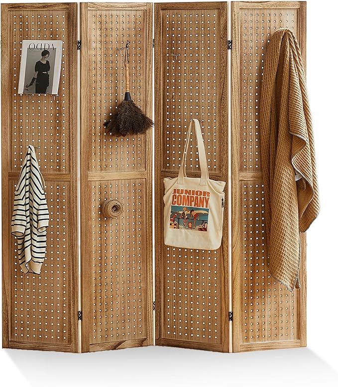 Asnefeli Pegboard Display Room Divider with 16 Hooks, 4 Panel 5.6Ft Wood Room Divider Folding Privacy Screen, Portable Freestanding Wall Organizer for Retail Craft Art Display Board, Natural