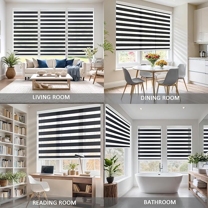COOLWINDS Motorized Zebra Blinds for Windows Cordless Electric Curtains with Remote Control Blackout Shades Custom Smart Blinds Compatible with Alexa Google Home(Light Filtering Black,W52 X 72in)