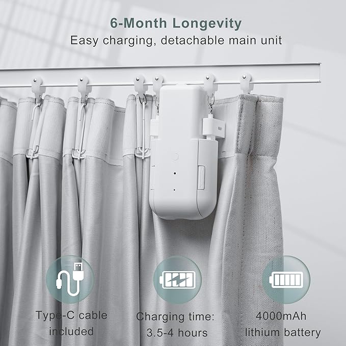 Takkicept Automatic Curtain Opener Electric: Smart Remote Control Closer｜Long-Lasting Battery/Type-C｜No Drill for 8-40mm Roman Rods/T-Tracks & U-Rails｜Quiet Motor Robot for Bedroom/living room