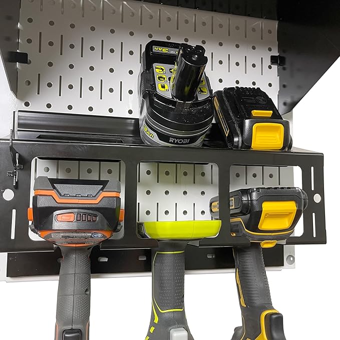 Wall Control Power Tool Storage Organizer Kit Cordless Drill Holder Charging Station Rack 16” x 32” Metal Pegboard Organization System (White Pegboard)