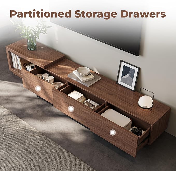 Etelifrank Extendable TV Stand for 65-100 Inches TVs – Walnut Entertainment Console with 3 Drawers & 1 Storage Compartment, Adjustable Length 68.5''-98.4'' (Walnut, 68.5''-98.4'')