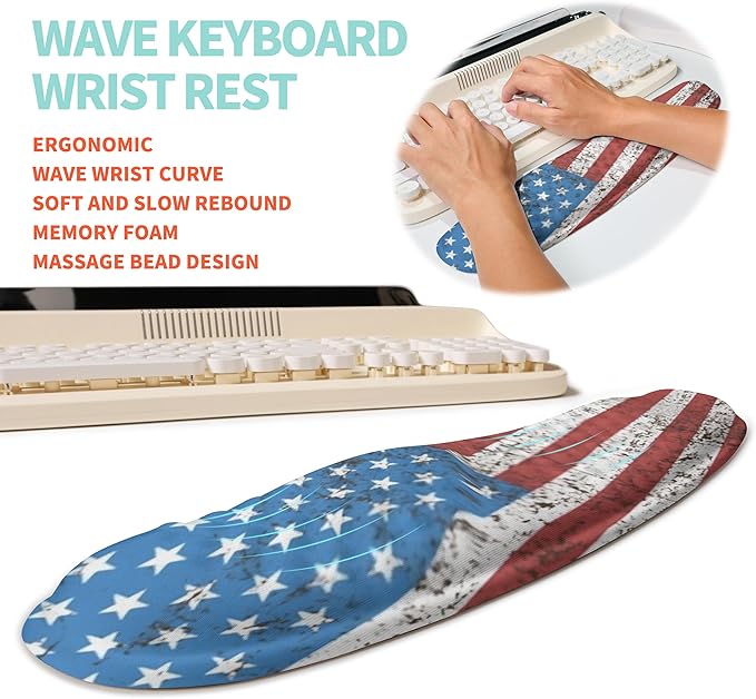 KUOSGM 2-in-1 Ergonomic Set, Wave Rise Keyboard Wrist Rest and Massage Bulge Slope Mouse Pad Wrist Support, Cushion Memory Foam Integrated to Relieve Wrist Pain, American Flag
