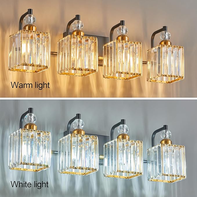 BBLLWJ Black and Gold Bathroom Lights Fixture 4-Light Bathroom Light Gold Brushed Brass Finish Crystal Vanity Light Fixtures Modern Bathroom Light Fixtures Over Mirror