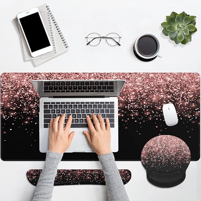 Britimes Rose Gold Pink Keyboard Mouse Pad Set Black Golden 4in1 Large Mousepad+Keyboard Wrist Rest+Mouse Wrist Rest+Coaster Ergonomic Design for Home Office Computer 35.4x15.7 inches