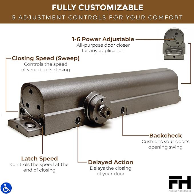 Finsbury Heavy Duty Commercial Door Closer Adjustable Size 1-6, Grade 1 ANSI/BHMA Certified, UL Listed, ADA Compliant, Hydraulic Backcheck & Delayed Action High Traffic (Duronotic)