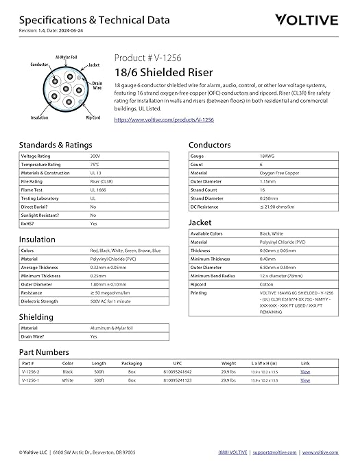 Voltive 18/6 Shielded Low Voltage Wire, Riser CL3R, Black, 500ft - 18AWG, 6 Conductors, Overall Shield, Stranded Bare Copper, UL Listed - V-1256-2