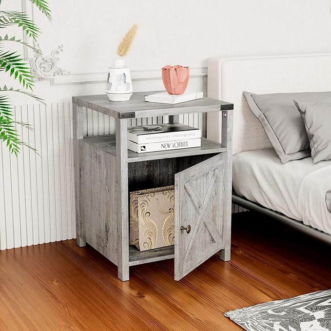 HOSEOKA Farmhouse Nightstand with Charging Station, Grayish White End Table Bedroom with Storage Living Room Side Table Beige Night Stand Industrial Bedside Bed Table with USB Ports and Outlets