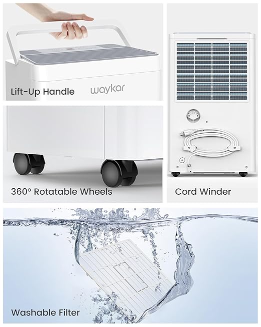 Waykar 150 Pint Energy Star Dehumidifier for Large Rooms up to 7,000 Sq. Ft. for Home, Basement, Commercial, Industrial, with Drain Hose & Tank, Auto Defrost, Ultra Quiet, Smart Auto Comfort Mode