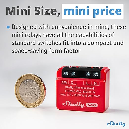 Shelly 1PM Mini Gen3 | WiFi Smart Switch Relay, 1 Channel 8A with Power Measurement | Home Automation | Bluetooth Gateway | Compatible with Alexa & Google Home | No Hub Required (2 Pack)