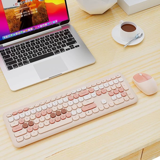 Nowlike Wireless Keyboard and Mouse Combo, Retro Typewriter Keyboard with Round Keycaps, Full-Size Ergonomic, Brown, Ideal for Windows PC, Home, Office, and College, Wireless Keyboard Mouse Combo