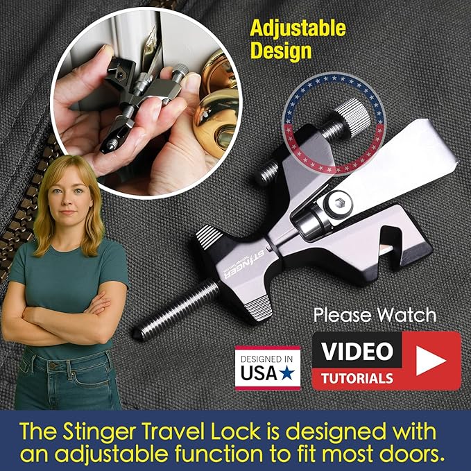Stinger Metal Portable Door Lock for Travelers — Hotel, Apartment, and Home Door Stopper Security with Built-in Glass Breaker & Seatbelt Cutter, Ideal Travel Safety Lock for Women and Families