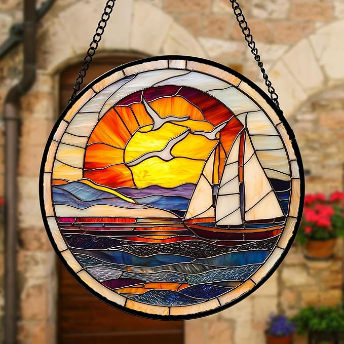 DASTOLL Stained Glass Window Hanging, Sun Ocean Sailboat Seagull Abstract Suncatcher Diamond Glass Panel Sun Catchers Decor for Birthday for Women, Men, Wife, Aunt, and Mom 11.8x11.8 in