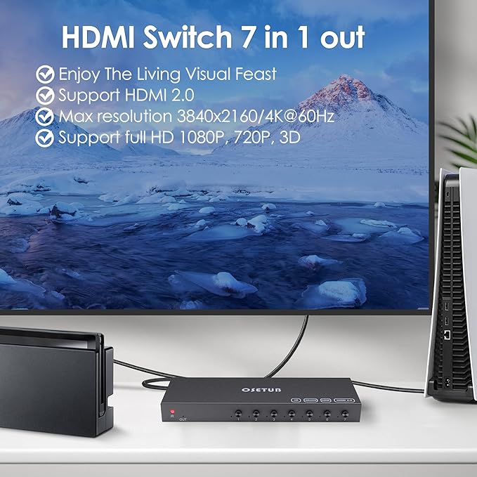 7 in 1 Out HDMI Switch 4K@60Hz with HDR, HDCP 2.2 & 3D and IR Remote Control for PS5, Xbox, Nintendo Switch, Apple TV, Roku, Fire Stick (Home/Office Use)