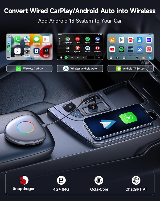 ATOTOMOVE Wireless CarPlay Magic AI Box, Upgraded CB6C Video Streaming Plug & Play Carplay Box for iPhone & Android Auto with ChatGPT, Supports YouTube, Netfilx, TikTok, 4G LTE, 4G+64G