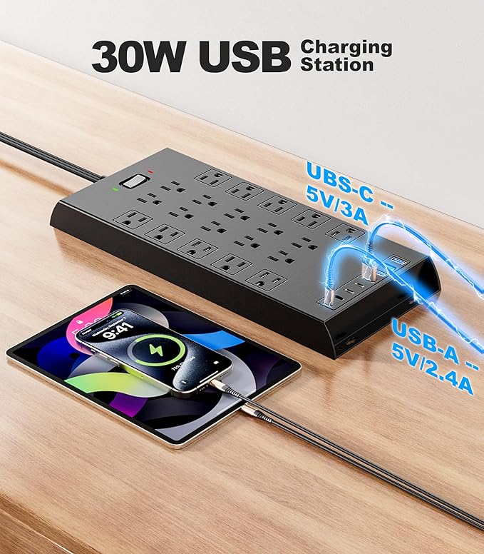 Surge Protector Power Strip 4800J, LeZone 10Ft Long Extension Cord Flat Plug, 20 Outlets 4 USB-A 4 USB-C Ports, Wall Mountable, Home Office Dorm Essentials, Black
