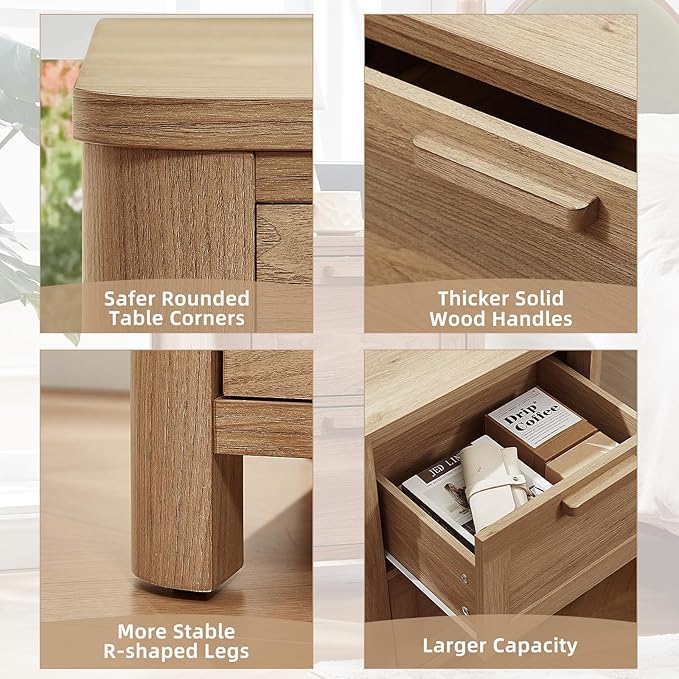 Joaxswe Farmhouse Nightstand with Charging Station, End Tables Bedroom with 2 Large Drawers & 4 Thickened Table Legs, Dark Wood