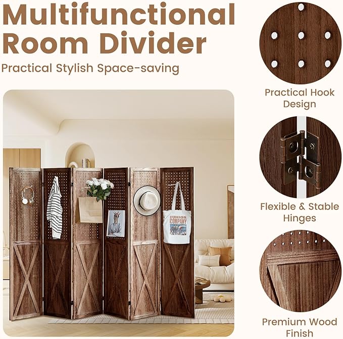 ALeesing 6 Panel Pegboard Room Divider, 5.6Ft Pegboard Display Folding Privacy Screens, Wood Room Divider Peg Board Display Freestanding for Trade Show Craft Show Home Wall Organizer, Brown