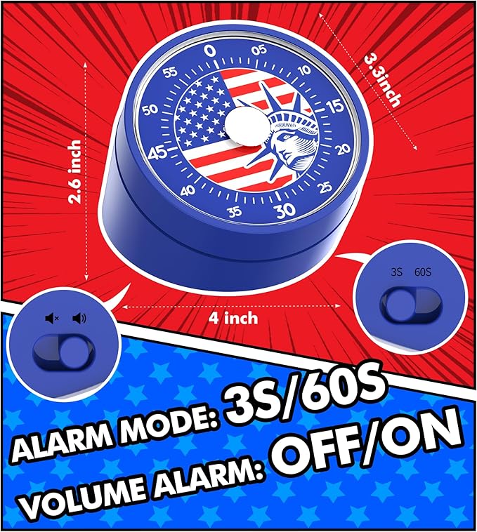 Rosenpatio Visual Timer for America Flag - Timers for Classroom Teachers 60 Minutes Countdown Home School Study Tool, Non-Ticking Rotating Timer for Exam Work Kitchen Office Gym, 1 Pack