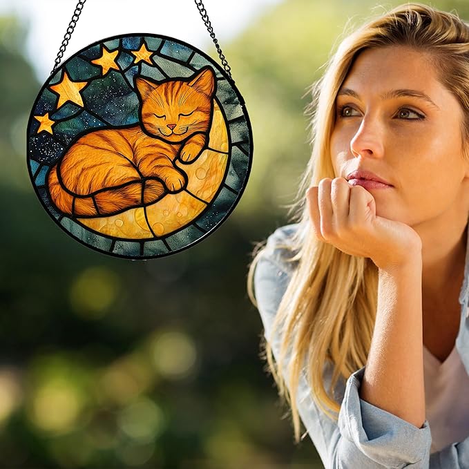 AMDERVEN Stained Glass Window Hanging - Orange Cat Sun Catcher for Door Home Decor Stars and Moon Suncatcher Christmas Mother's Day Birthday Loss of a Pet Gifts for Women Men Mom Nana 11.8 in