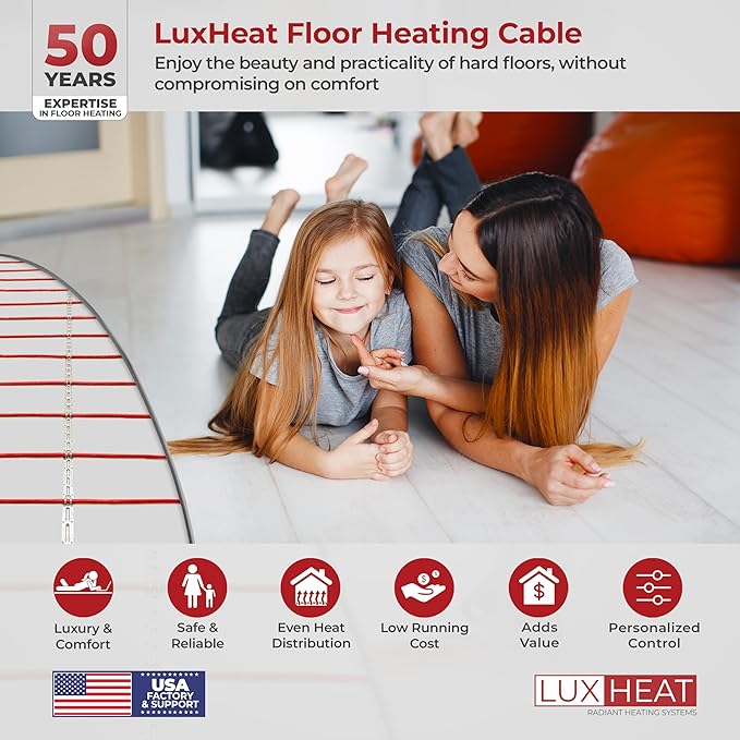 LuxHeat 100sqft Floor Heating Cable Kit - 240v Electric In Floor Heating Kit - Heated Flooring System Includes UDG4 Programmable Thermostat w/GFCI, Heater Cable, Strapping, Flooring Sensor & Alarm