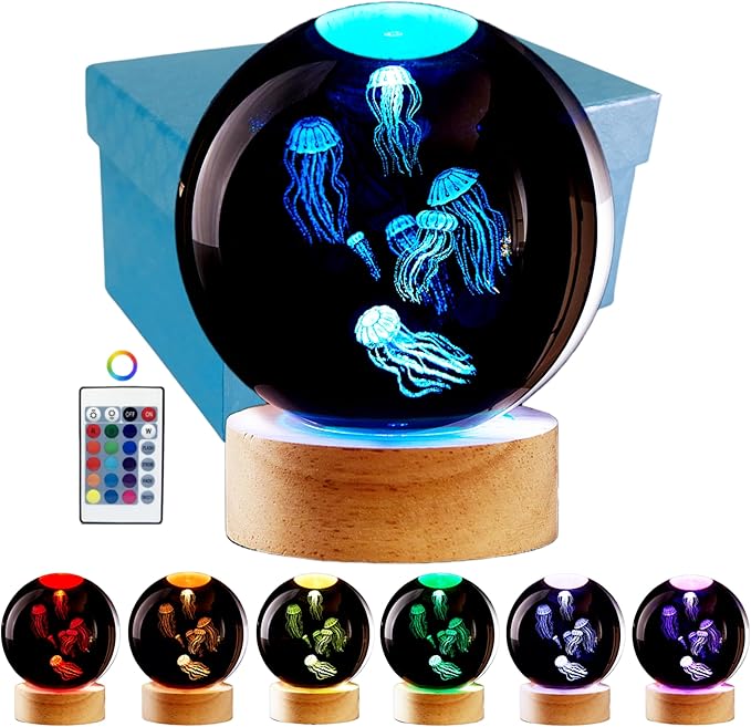 Conalisk 3D Jellyfish Crystal Ball Lamp, Lifelike LED Jellyfish Night Light, 16 Colors Changing Light, Dimmable Remote Control, Desk Lamp