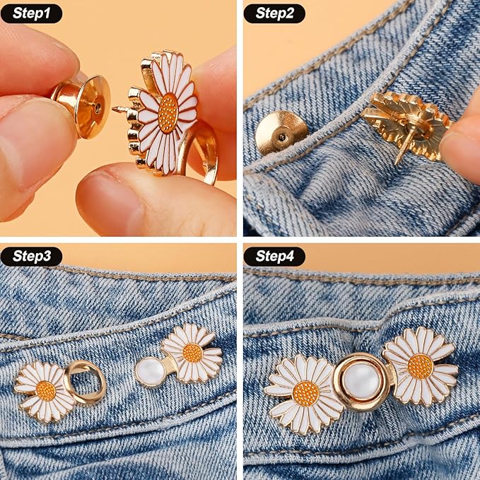 TOOVREN Pant Waist Tightener, Detachable Jean Buttons for Loose Jeans, No Sew and No Tools Button Pins for Jeans, Adjustable Jean Buttons Pins, Daisy Flower Instant Pants Button Tightener 4 Sets