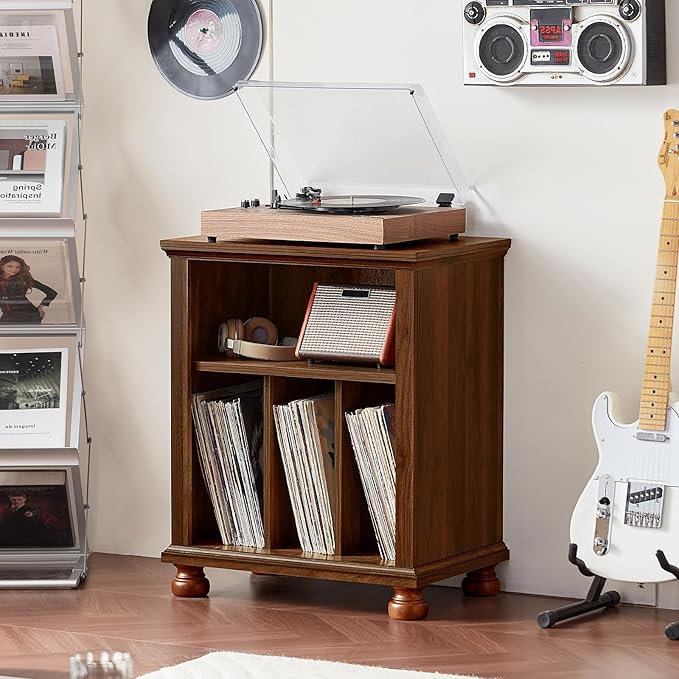 Joaxswe Record Player Stand with Vinyl Record Storage, 24" Wide Mid-Century Record Player Table Up to 200 Albums,Large Wood Turntable Stand Cabinet Dispaly Shelf for Living Room,Bedroom,Brown