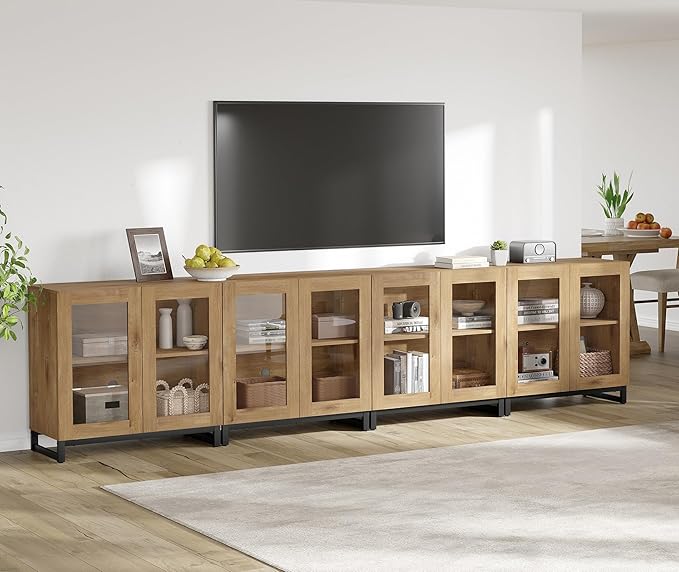 WAMPAT Modern TV Stand with Glass Doors for 120 inch TVs, 4 in 1 Entertainment Center Console with Adjustable Shelves and Metal Base for Living Room, Bedroom, Oak