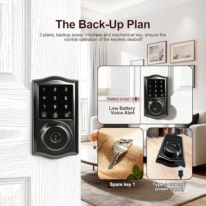Smart Keyless Entry Door Lock with App Control, Electronic Touchscreen Keypad Deadbolt with Doorbell, App Remote, Voice Prompt, Auto Lock, IP55 Waterproof, 500+ User Capacity, Easy Installation