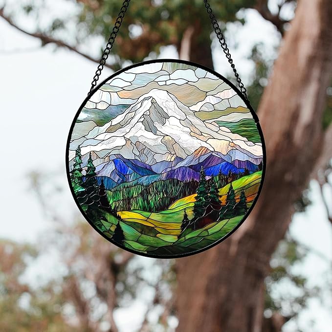 DASTOLL Stained Glass Window Hanging 4 Pcs Set Mountains Lake Green White Landscape 7.8" - Suncatcher Door Garden Sun Catcher Decor Birthday Christmas for Mom Woman Nana Men