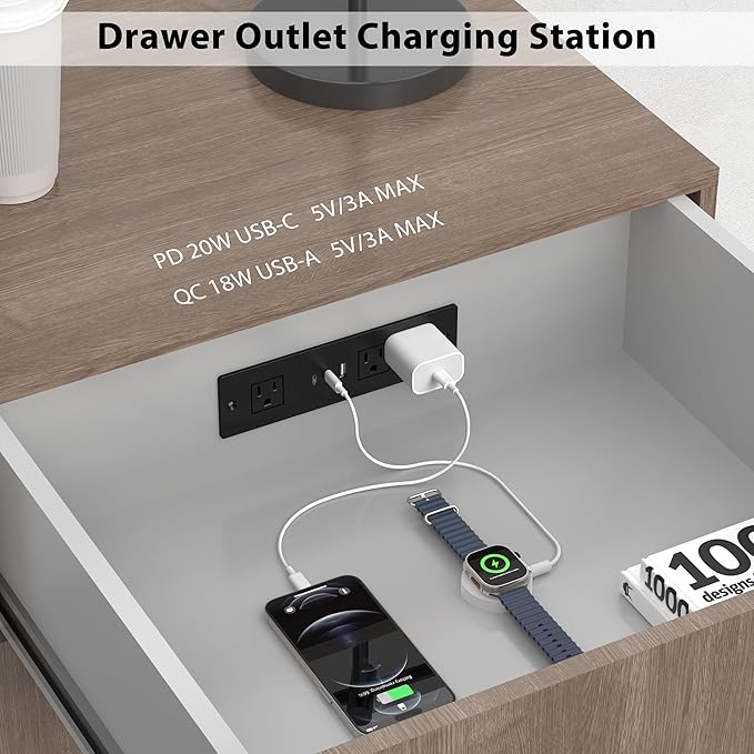 Furniture Drawer Outlet, Recessed Power Strip with (3) PD 20W USB Ports Fast Charging & (3) 15 Amp AC Outlets, (14 AWG) 5 FT Spring Black Cord