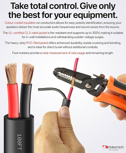 Nakamichi 10/2 (100-Foot) in-Wall & Direct Burial (UL CL2 CL3 Rated) Oxygen-Free Copper (OFC) 2-Conductor Speaker Cable Wire, Outdoor In-Ground, in-Ceiling, Riser, Black (10AWG / 100ft / 30.48m)