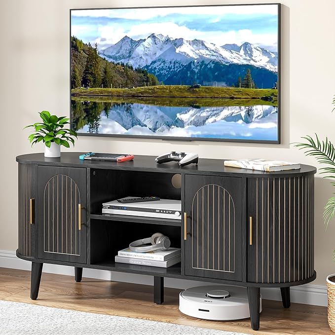 51" Fluted TV Stand, Mid-Century Modern Entertainment Center for Tvs up to 60" with Drawers and Fluted Doors, Curved TV Media Console Table with Sliding Doors for Living Room, Bedroom (51" Black)