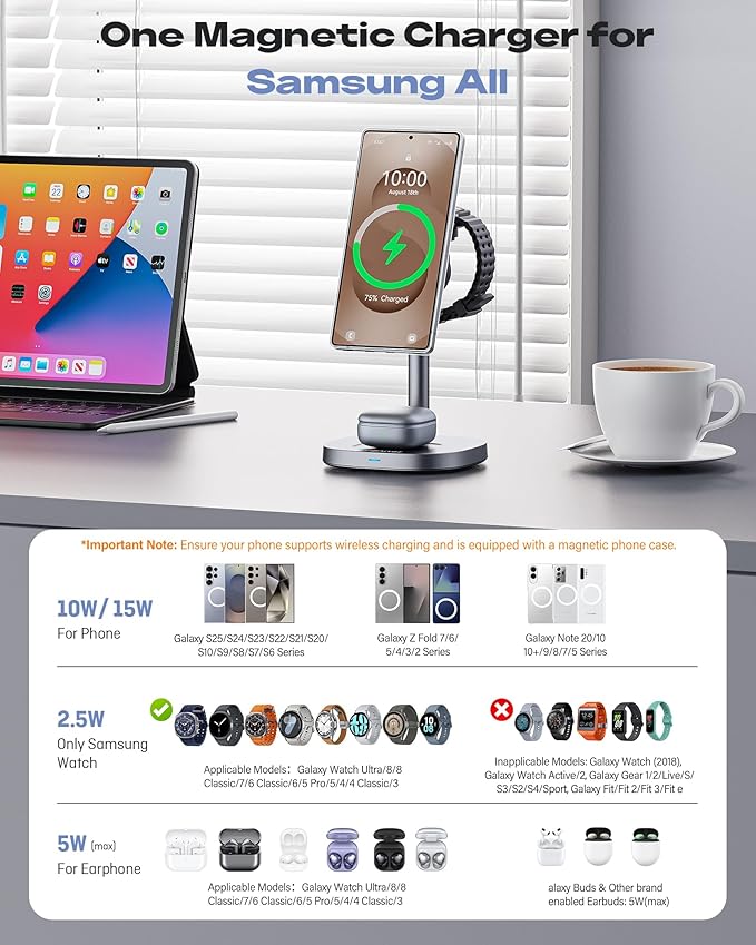 Magnetic Wireless Charger for Samsung, Qi2 Certified Fast 15W 3 in 1 Charging Station TEC Cooling Compatible with Magsafe Charger for Galaxy S25 Ultra/S24/Z Fold 7/Flip7/Samsung Watch Ultra 8/Buds