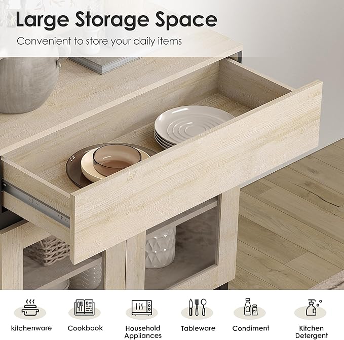 WAMPAT Modern TV Stand for TVs up to 120 inch, 4 in 1 TV Console with Glass Doors and 2 Drawers, Entertainment Center with Adjustable Shelf for Living Room, Bedroom, Light Oak