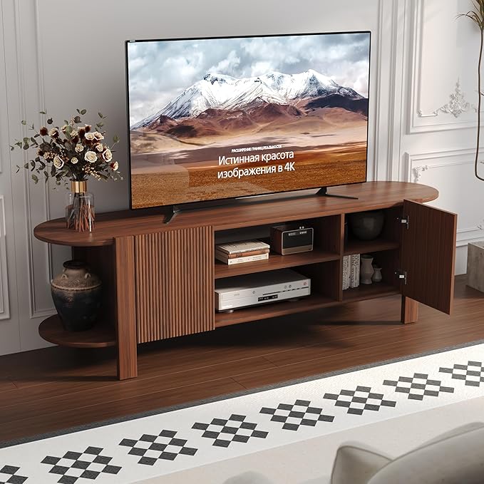ZOSQUARE 65 Inch TV Stand for Up to 75 inch TVs, Fluted Entertainment Center with Adjustable Shelve, Curved Round Corner TV Console Table with Storage Cabinet for Living Room, Bed Room (Walnut Color)